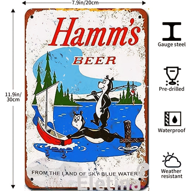 Vintage Metal Tin Sign 1956 Hamm's Beer Bears Fishing 7x11 inches