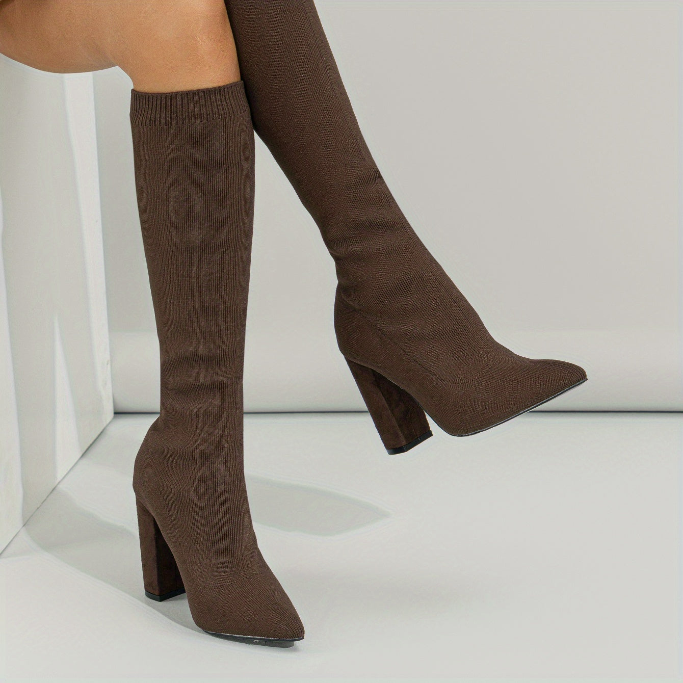 Women's Solid Over Knee Slim Boots Point Toe Chunky Heel Comfy Shoes