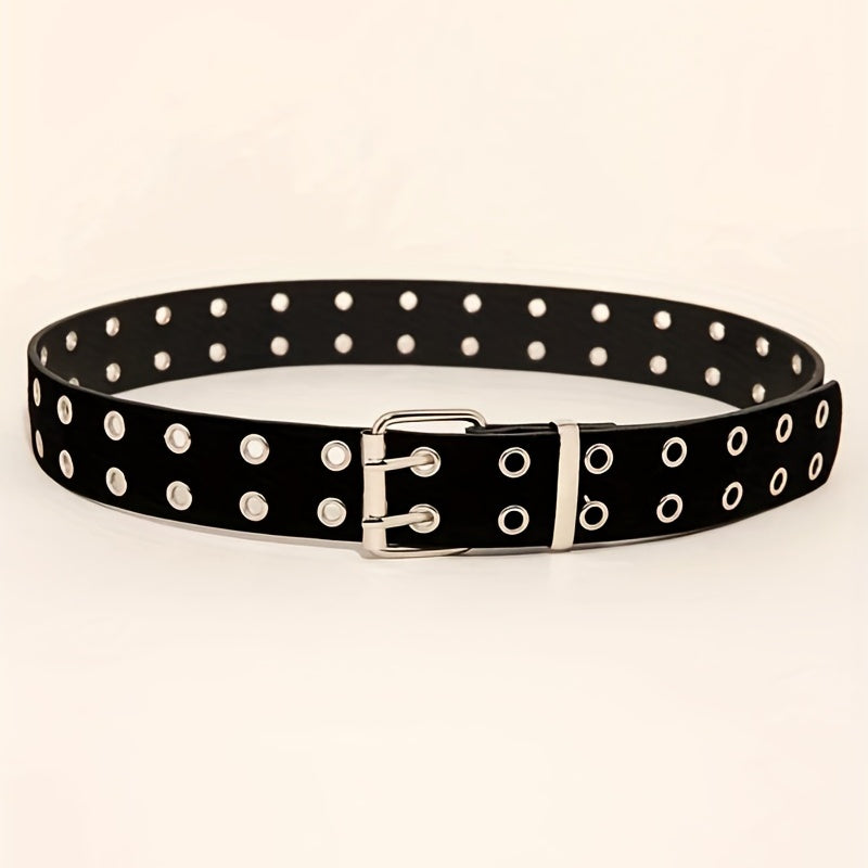 Double Pin Metal Buckle Belt Vintage Punk Waist Belt Hip Hop PU Leather