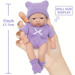 7" Purple PVC Palm Baby Doll w/ Knit Hat Outfit & Socks - Soft & Realistic