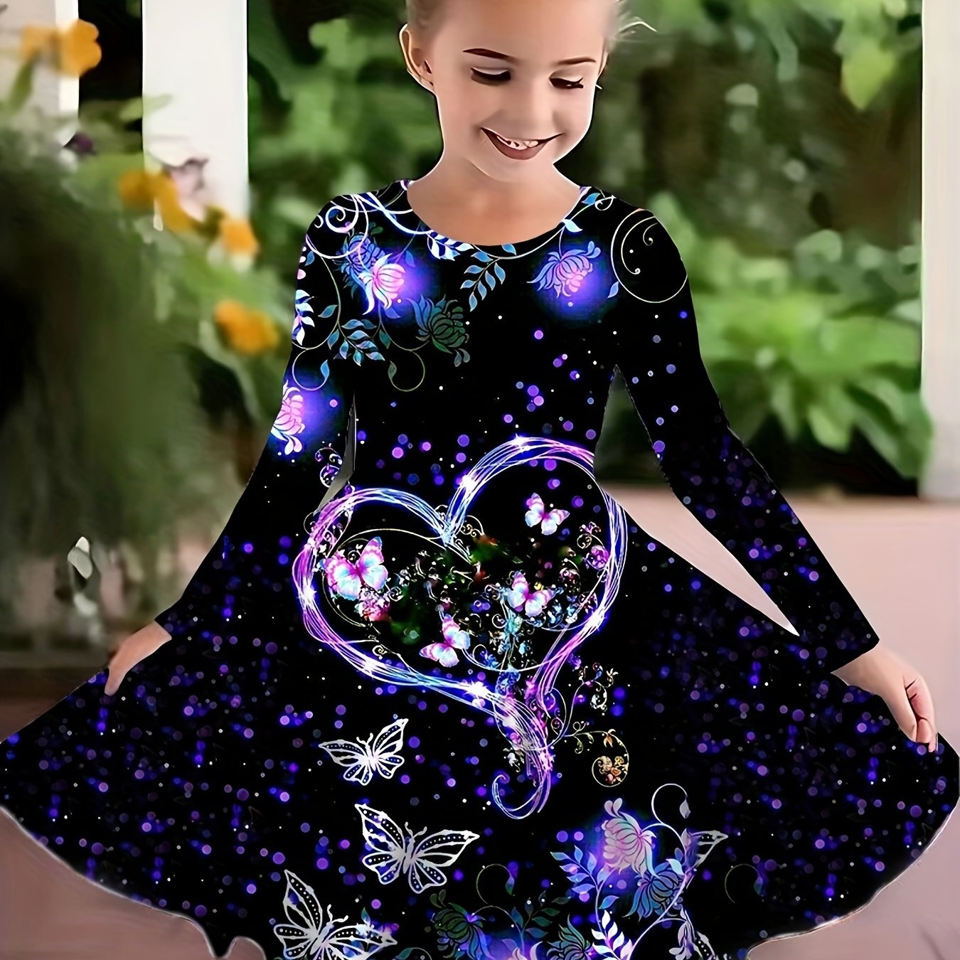 Girls Dreamy Heart & Butterfly Graphic Long Sleeve Dress