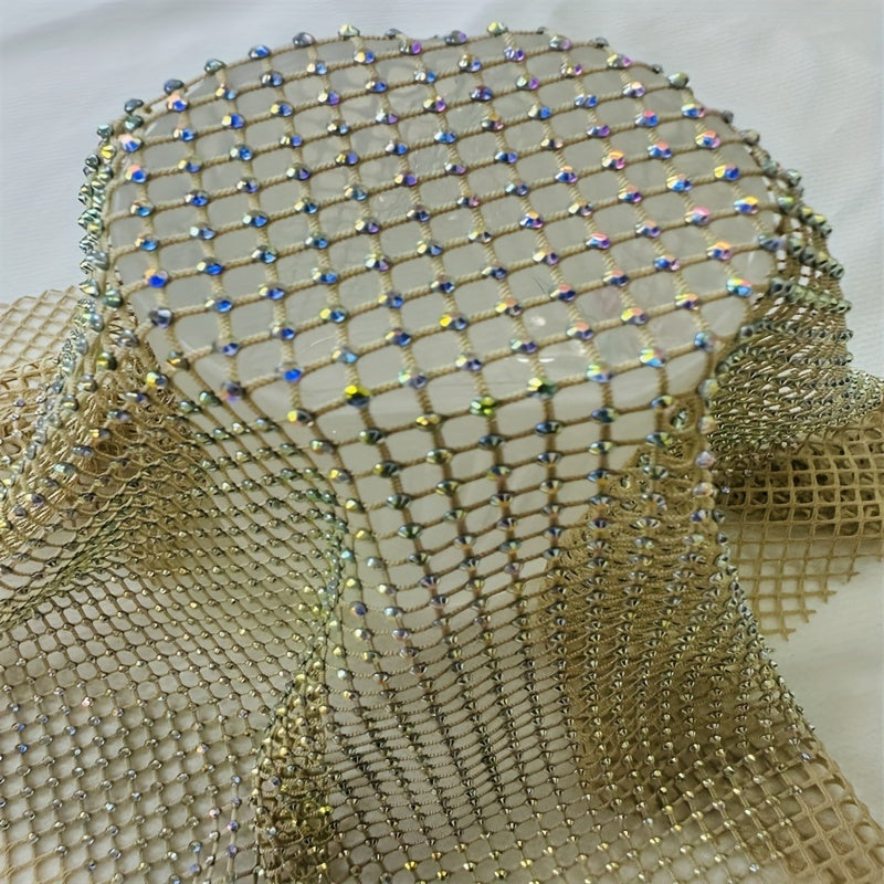 Golden Shadow Rhinestones Mesh Applique Fabric Elastic Crystal Trim