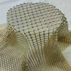 Golden Shadow Rhinestones Mesh Applique Fabric Elastic Crystal Trim