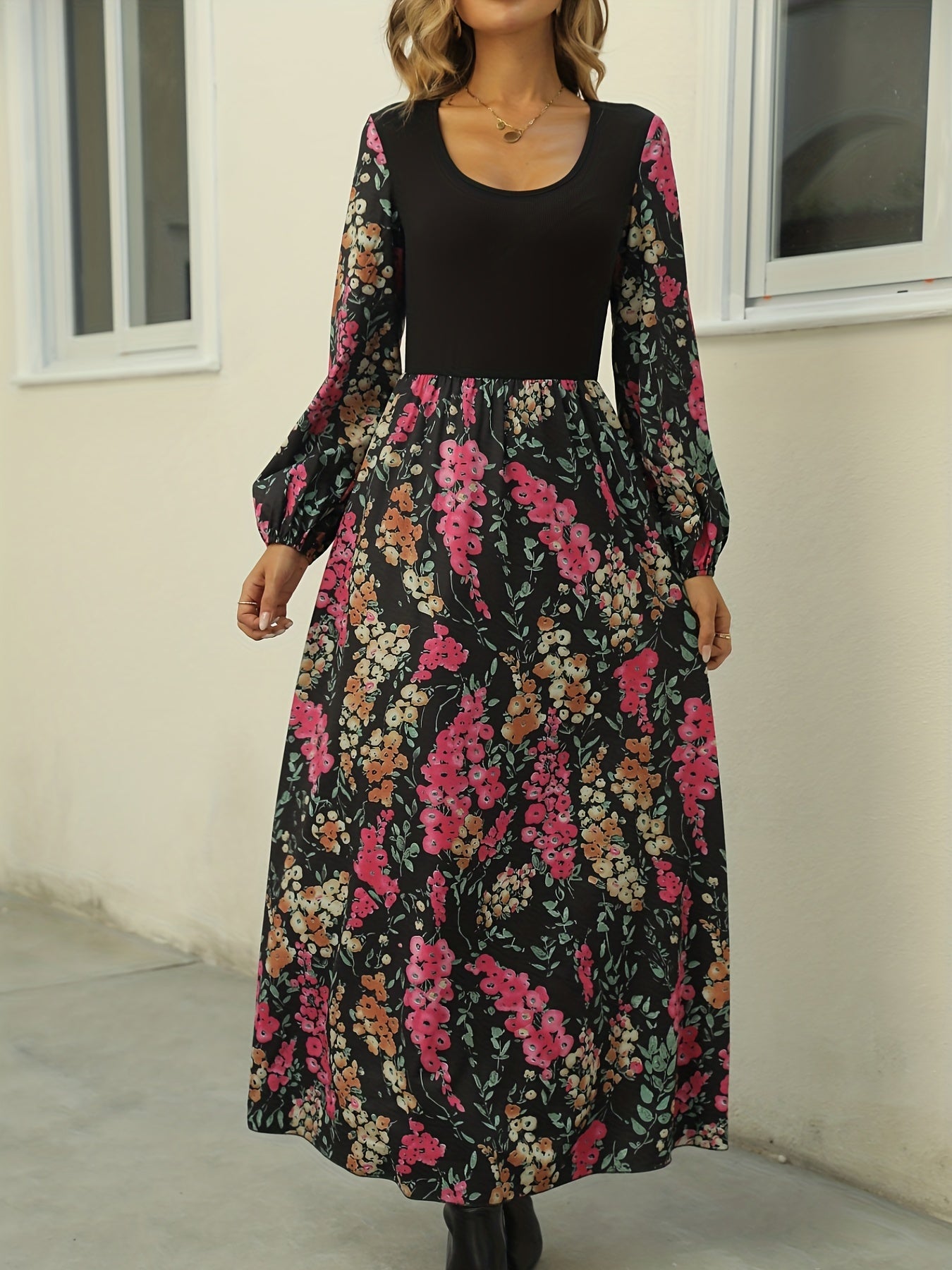 Women's Plus Colorblock Floral Print Long Sleeve Round Neck Maxi Dress