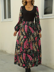 Women's Plus Colorblock Floral Print Long Sleeve Round Neck Maxi Dress