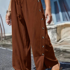  Boho Pants Women's Plus Solid Button Wide Leg Split Drawstring