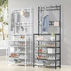 Standing Clothes Rack With Hooks & Shoe Storage Shelf