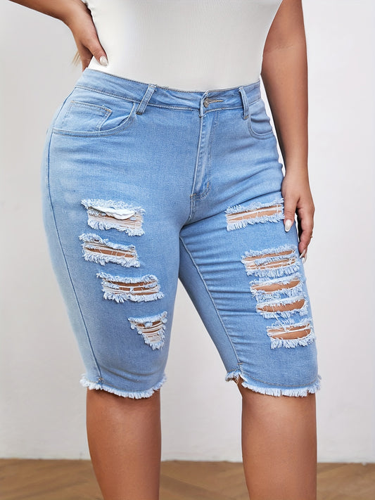  Casual Jeans Women's Plus Ripped Fringe Trim Button Fly Jeans