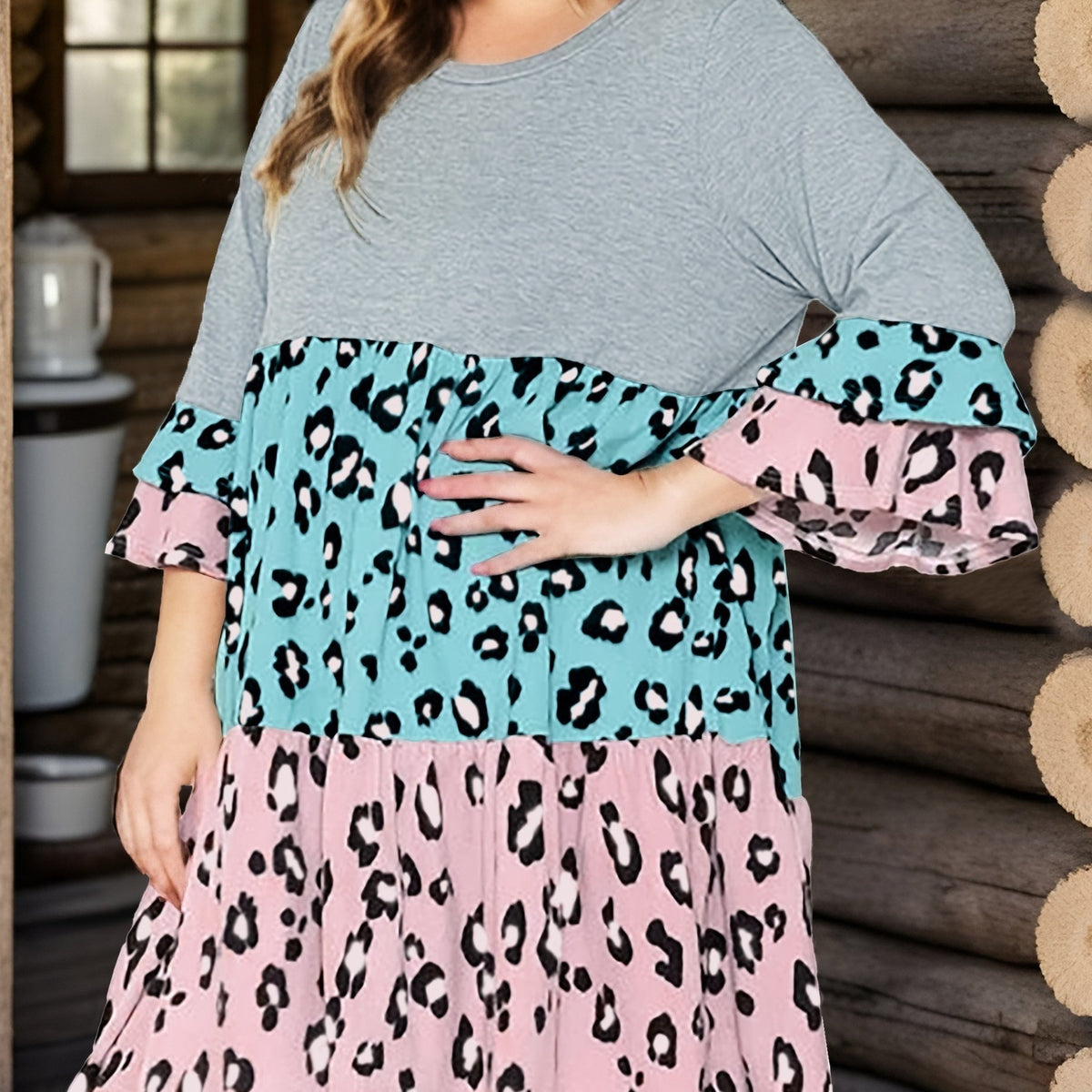  Boho Dress Women's Plus Leopard Print Layered Bell Sleeve Dress
