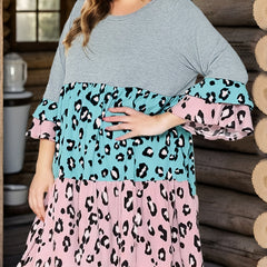  Boho Dress Women's Plus Leopard Print Layered Bell Sleeve Dress