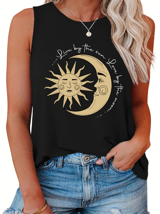  Sun & Moon Print Tank Top Round Neck Casual Slogan Plus Women