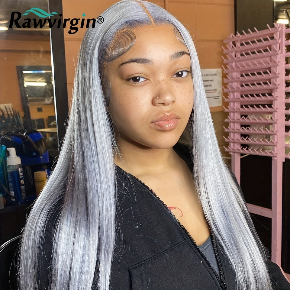 13x4 Silk Grey Straight Lace Frontal Human Hair Wig Preplucked Colored Brazilian
