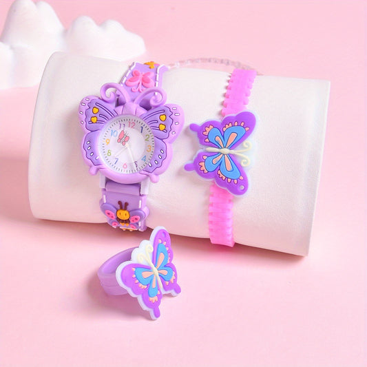 3pcs 3D Cartoon Butterfly Silicone Strap Girls' Watch