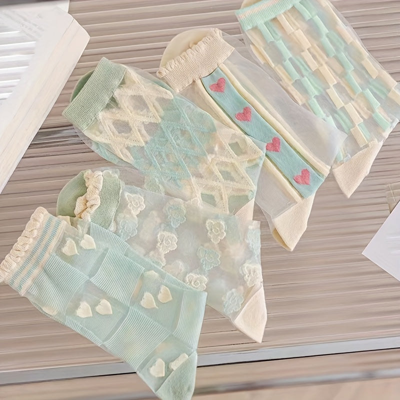 5 Pairs Floral & Heart Print Mesh Socks Women's Stockings & Hosiery