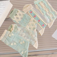 5 Pairs Floral & Heart Print Mesh Socks Women's Stockings & Hosiery