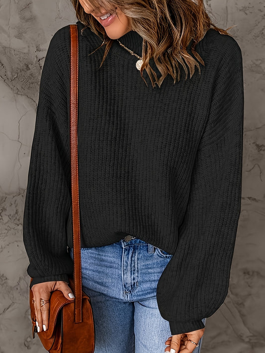  Casual Sweater Women's Plus Solid Lantern Sleeve Round Neck Jumper