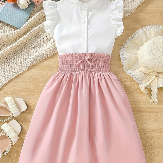 Girl's 2pcs Sleeveless Shirt & A line Skirt Set for Spring Summer