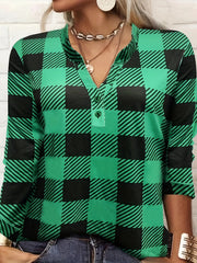  Gingham Print Button Long Sleeve Blouse