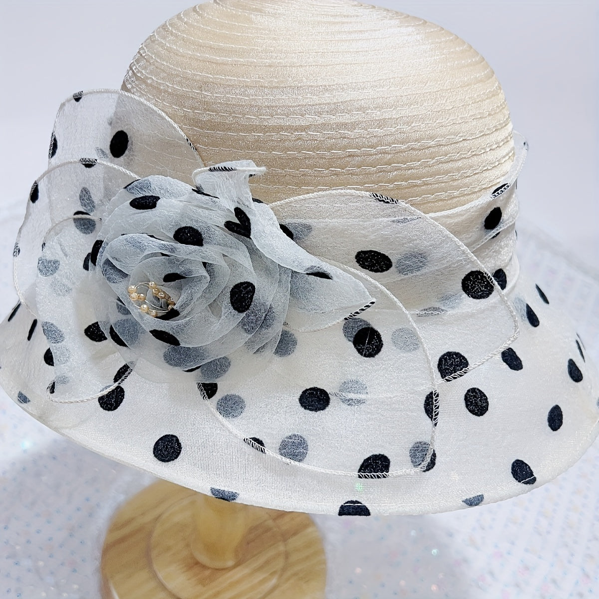 Polka Dot Flower Derby Hat Stitching Sun Hat Lightweight Mesh Bucket Hat