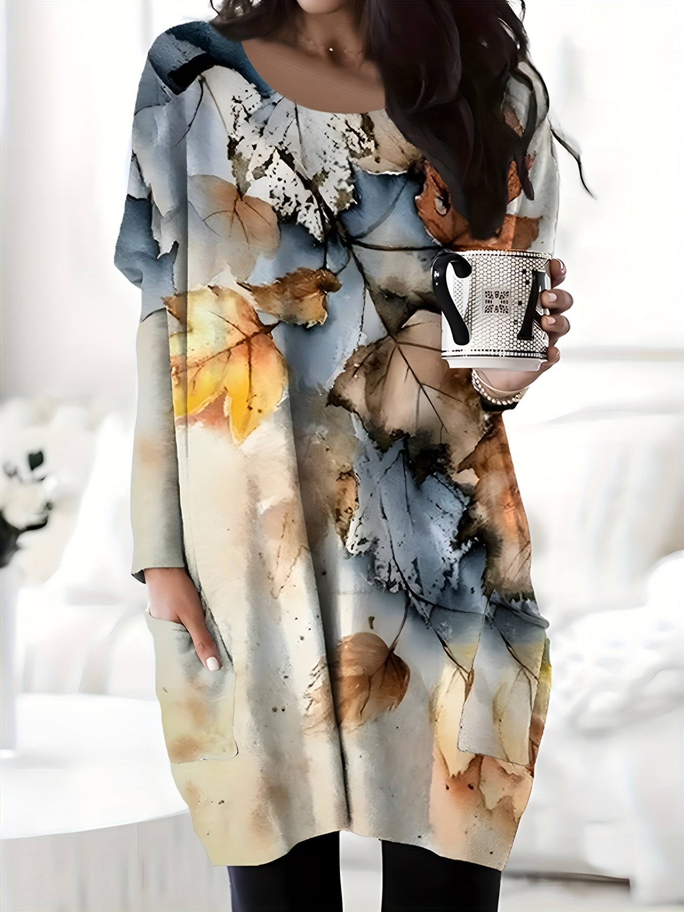  Leaf Print Long Sleeve Round Neck Mini Dress