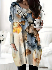  Leaf Print Long Sleeve Round Neck Mini Dress