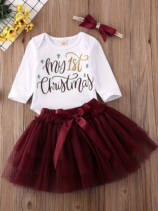 Baby First Christmas Skirt Set Long Sleeve Romper Tutu Dress