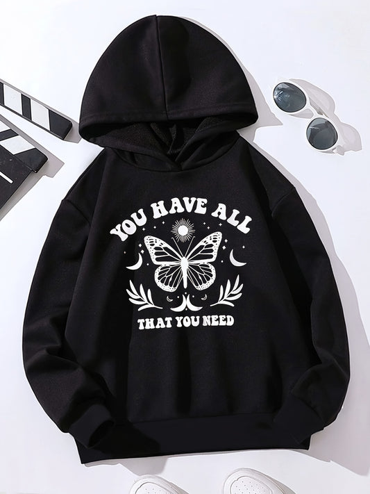 Butterfly Slogan Hooded Sweatshirt for Girls