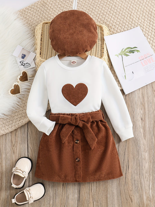 Girl's Corduroy 3pcs Heart Pattern Set Casual Outfits Spring Autumn