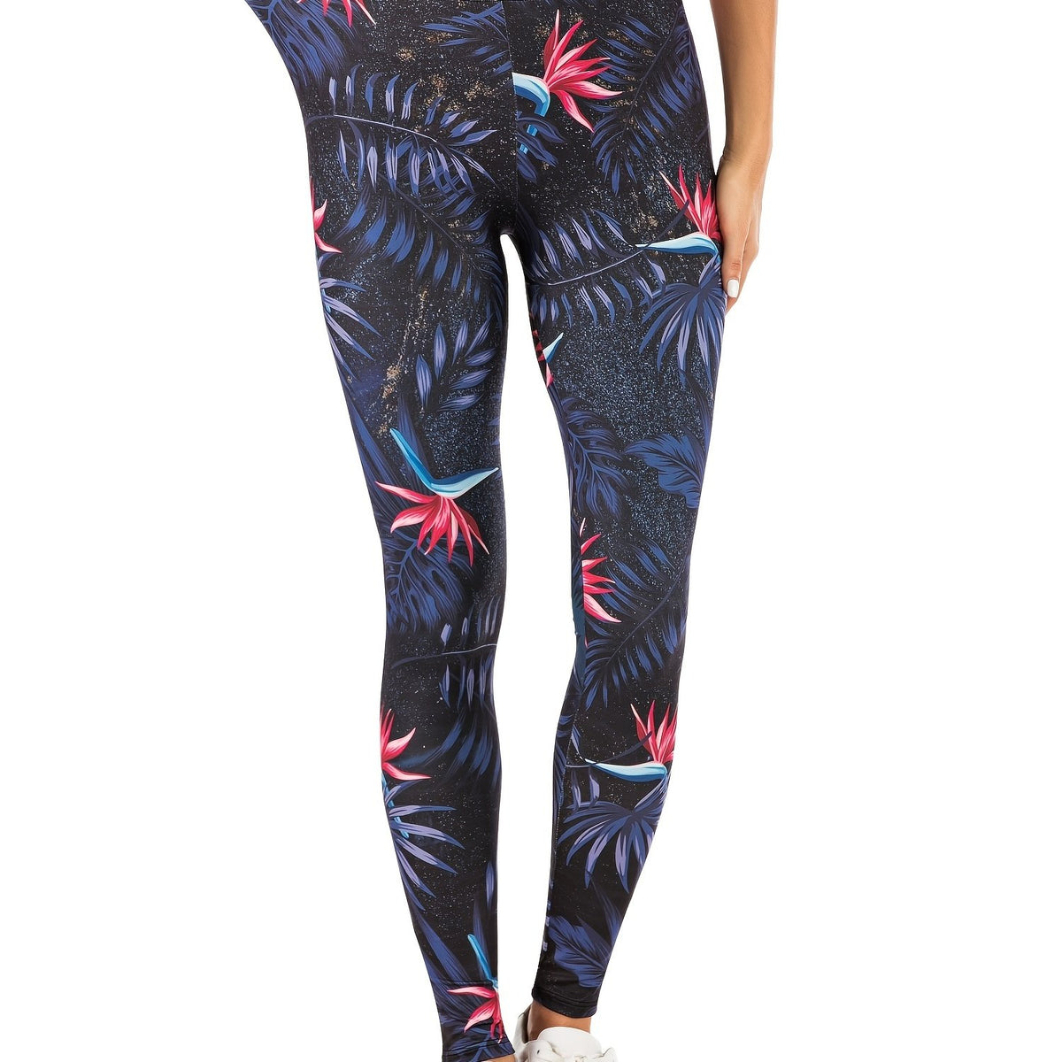 Night Flowers Print Slim Leggings for Women