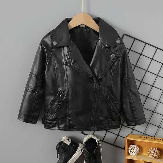 Kids Lapel PU Leather Jacket Zipper Coat Boys Girls Top