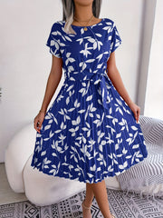 Floral Print Belted Dress Short Sleeve Casual Vacation Dress Spring & Summer