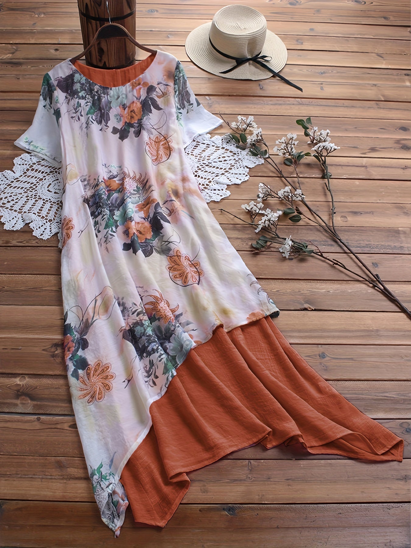 Floral Print Layered V Neck Short Sleeve Dress