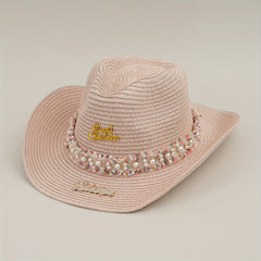 Rhinestone Bride Cowboy Hat Faux Pearl Lace Hatband Decor Straw Jazz Hat