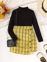 Girl's Stylish Outfit 2pcs Ribbed Mock Neck Top & Plaid Pattern Skirt Set