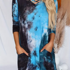Women's Plus Tie Dye Long Sleeve V Neck Dress With Pockets
