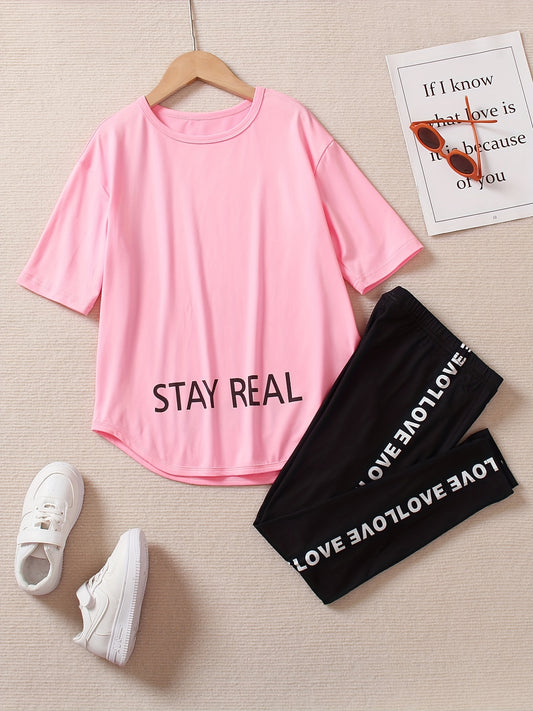 Girls STAY REAL Print Tracksuit Short Sleeve Tee & Track Pants Set