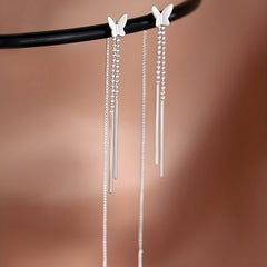Silvery Butterfly Long Chain Dangle Earrings Copper Silver Plated Jewelry