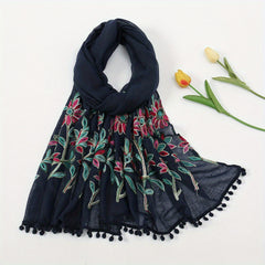 Leaf Embroidery Vintage Scarf Boho Tassel Shawl Solid Windproof Warm Wraps