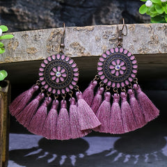 Bohemian Style Fan Shaped Tassel Earrings with Rhinestones