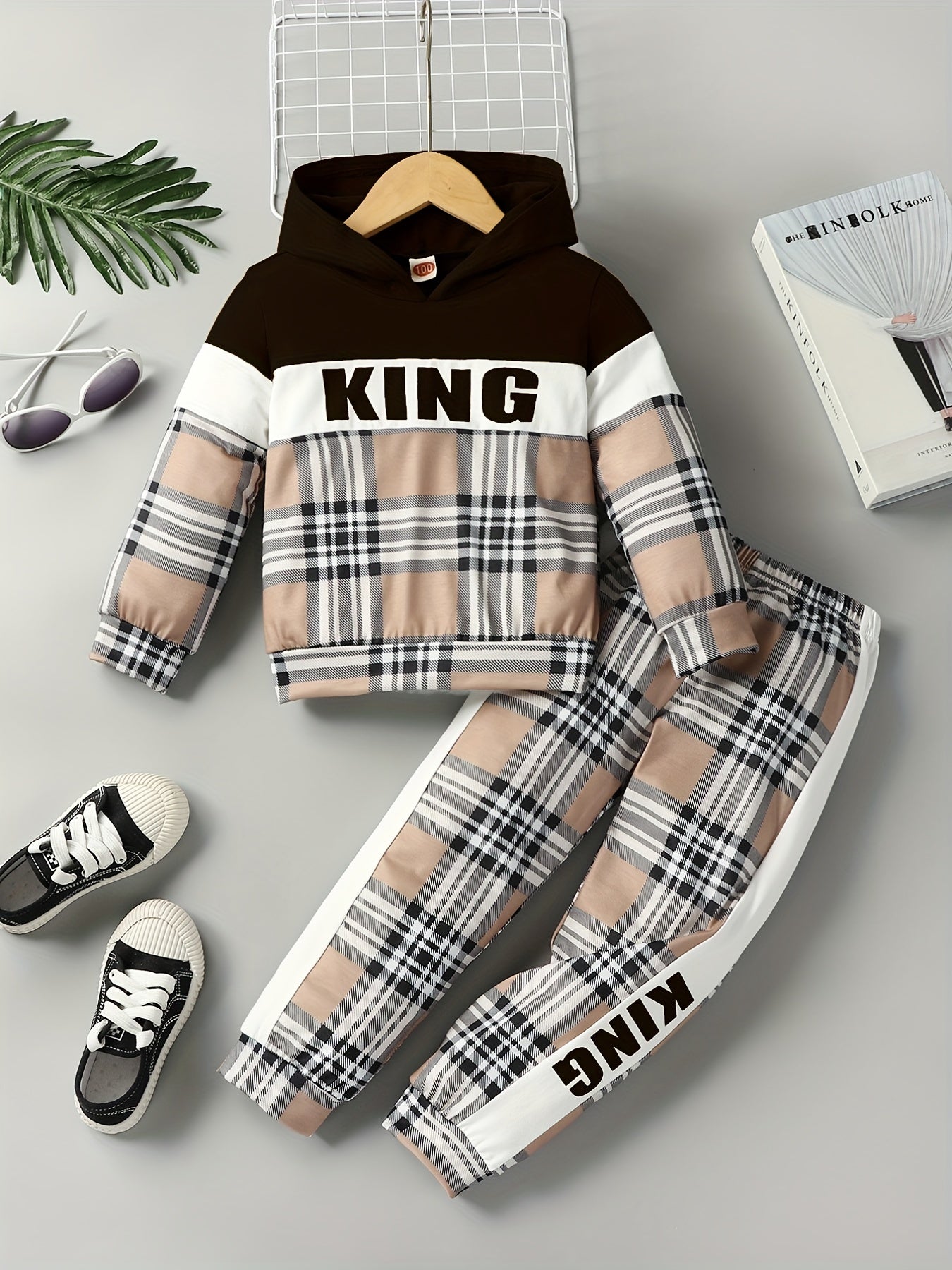 Boys Plaid Hoodie & Pants Set