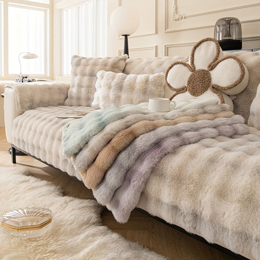 Gradient Faux Rabbit Plush Sofa Cover Winter Thickened Plush Sofa Slipcover