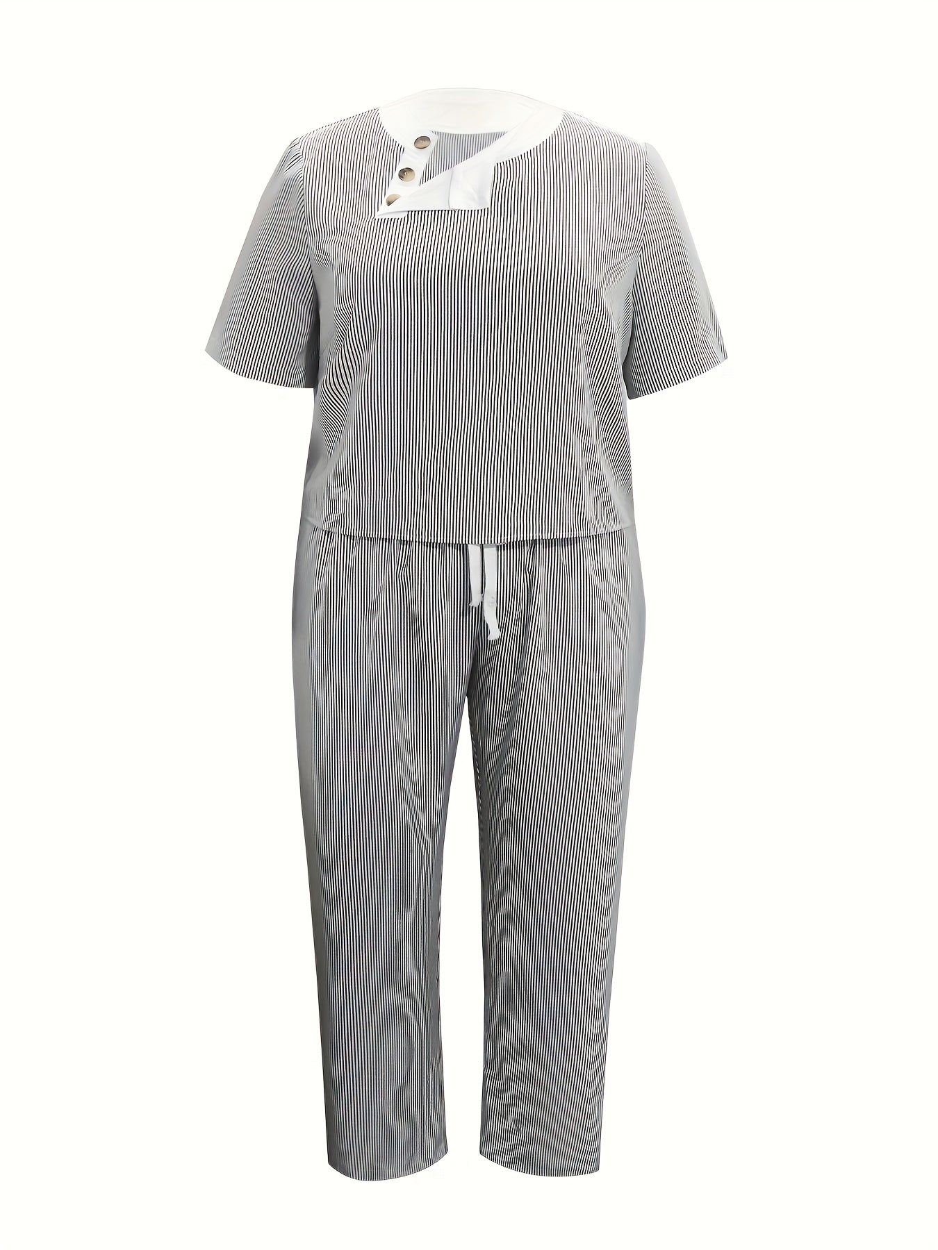 Women's Plus Stripe Print Button Decor Short Sleeve Top & Pants Two Piece