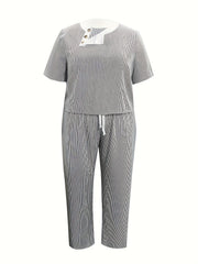 Women's Plus Stripe Print Button Decor Short Sleeve Top & Pants Two Piece