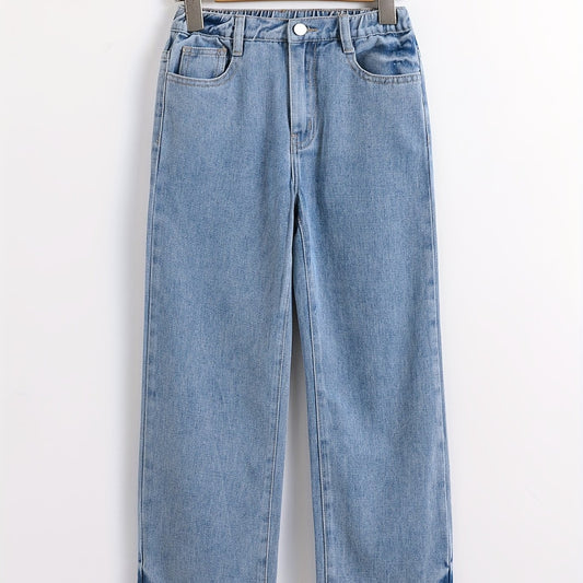 Girls High Waist Jeans Casual Straight Leg Denim Pants