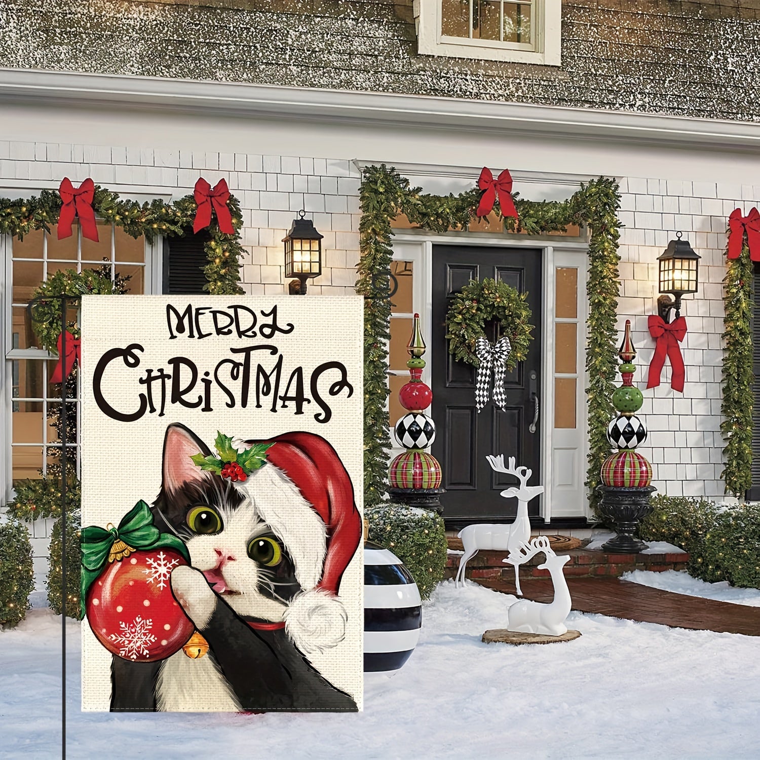 Tuxedo Cat Merry Christmas Garden Flag Double Sided Festive Holiday Yard Decor