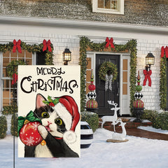 Tuxedo Cat Merry Christmas Garden Flag Double Sided Festive Holiday Yard Decor