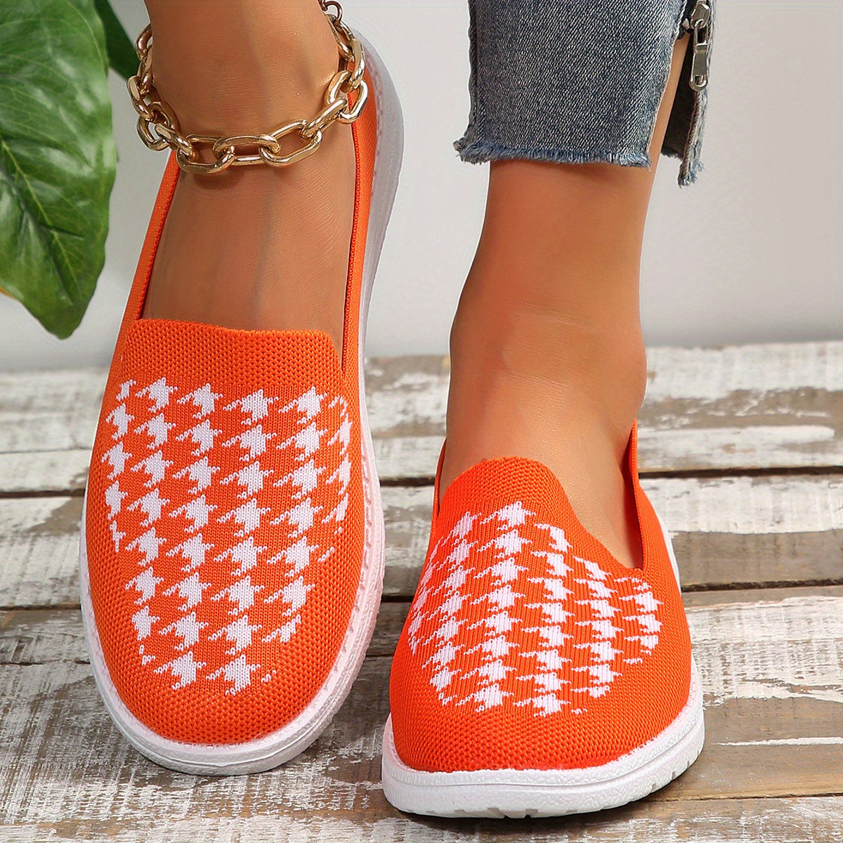 Women's Houndstooth Slip On Loafers Round Toe Non-slip Casual Shoes