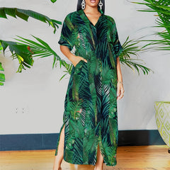  Tropical Print Polo Neck Button-Up Dress