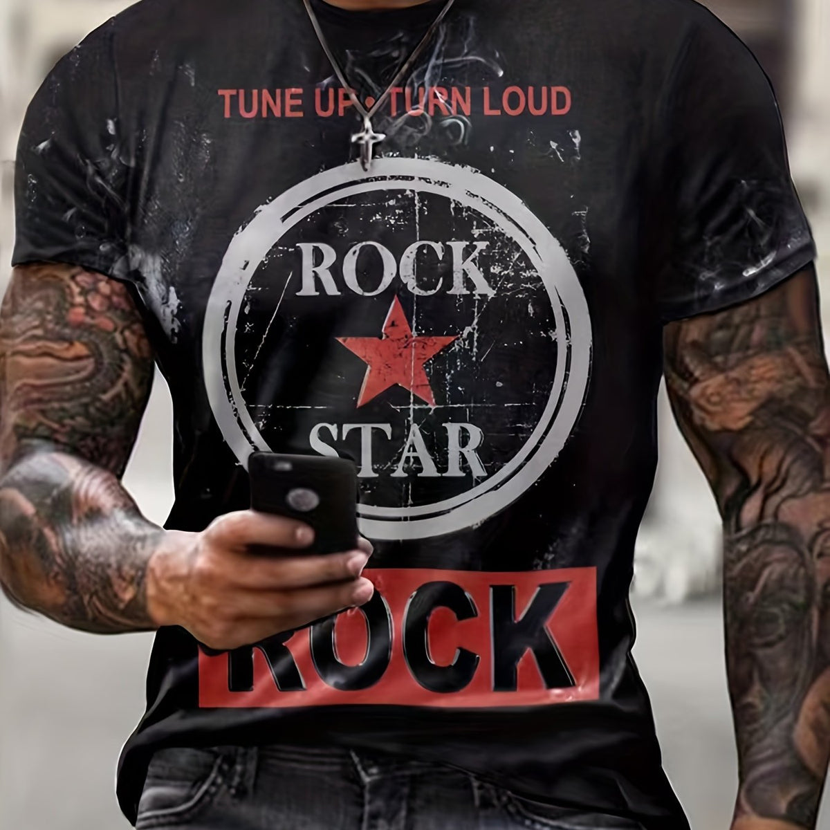Rock Star Graphic Print Men's Crew Neck T-shirt for Summer