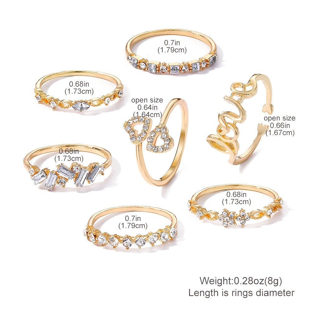 7pcs Golden Letter Love Rhinestone Joint Ring Set For Women